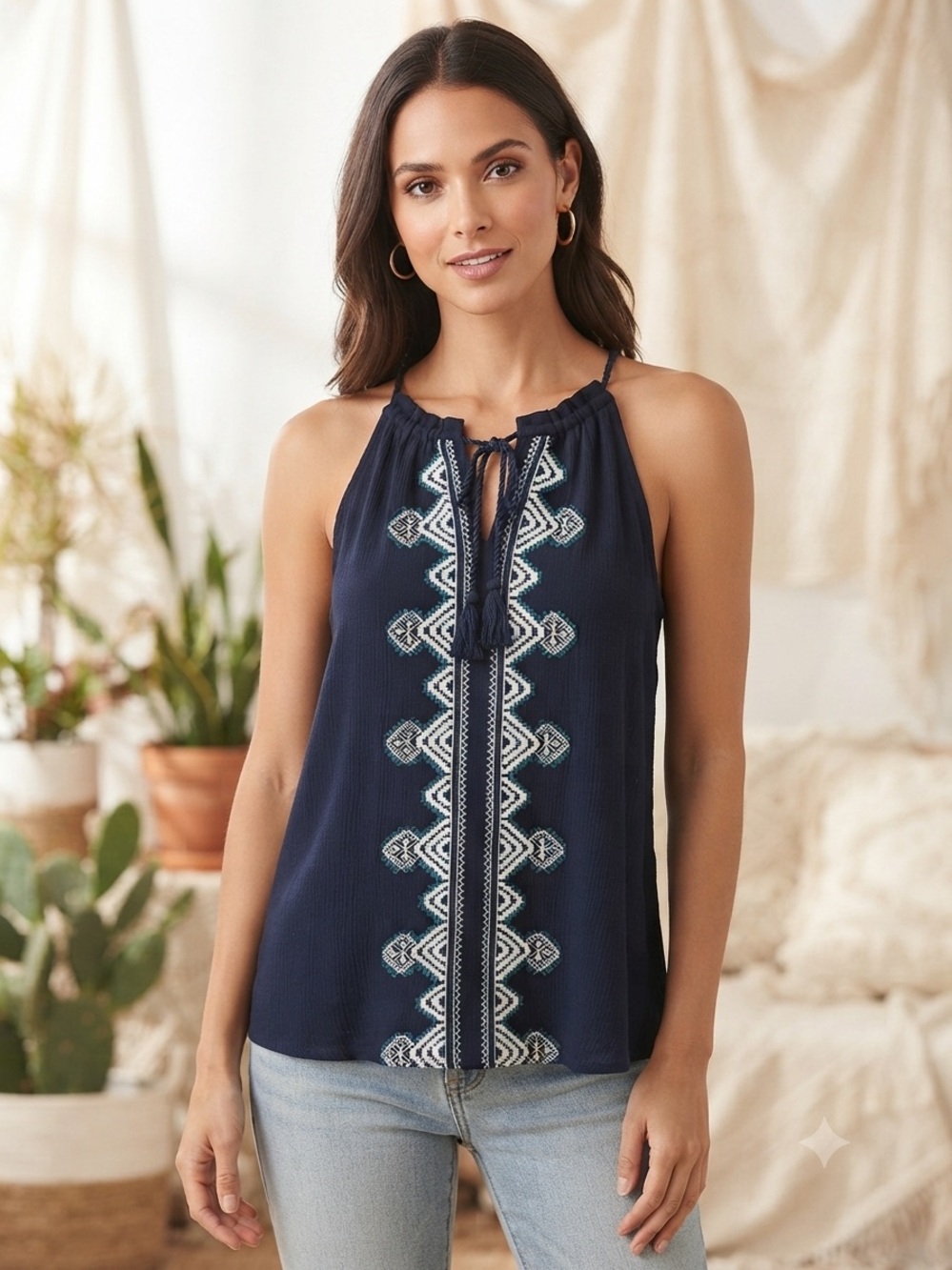 Market & Spruce Navy Embroidered Halter Tie-Neck Camisole size small